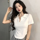 Solid-color Simple Lapel-neck Short-sleeve Top For Women