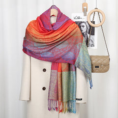 Womens Ethnic-Style Gradient Embroidered Colorful Cashew Tassel Shawl