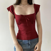 Women's Lace Up Square Neck Slimming Short Sleeve Top