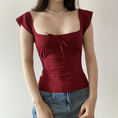 Women's Lace Up Square Neck Slimming Short Sleeve Top