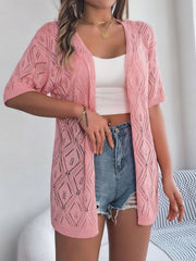Women S Hollow Out Plaid Short Sleeve Knit Beach Cover-Up