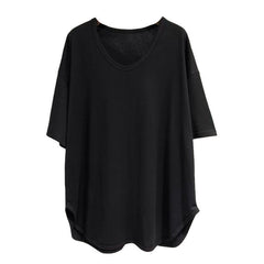 Loose Solid-Color V-Neck Mid-Length Short-Sleeve Top For Women