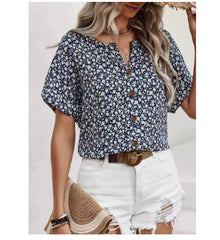 Womens Casual Plant-Print Jacquard Collar Short-Sleeve T-Shirt