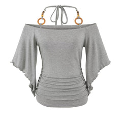 Women's Retro Off-the-Shoulder Beaded Halter Neck Top