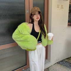 Fried Street Fluorescent Green Environmental Protection Fox Fur Jacket