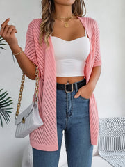 Women S Vertical Stripe Hollow Out Short Sleeve Knit Cardigan Cover-Up