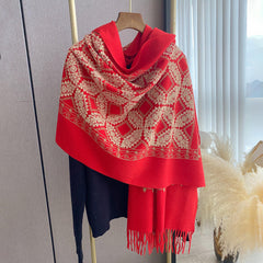 Geometric Jacquard Hanging Tassel Embroidered Shawl For Women
