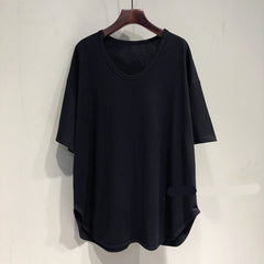 Loose Solid-Color V-Neck Mid-Length Short-Sleeve Top For Women