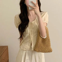 Single-breasted Lace Up Short Shirt French Small Top