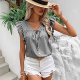 Loose Striped Top With French-Style Strap And Ruffle Sleeves