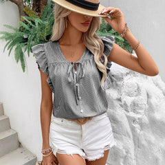 Loose Striped Top With French-Style Strap And Ruffle Sleeves