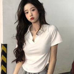 Solid-color Simple Lapel-neck Short-sleeve Top For Women