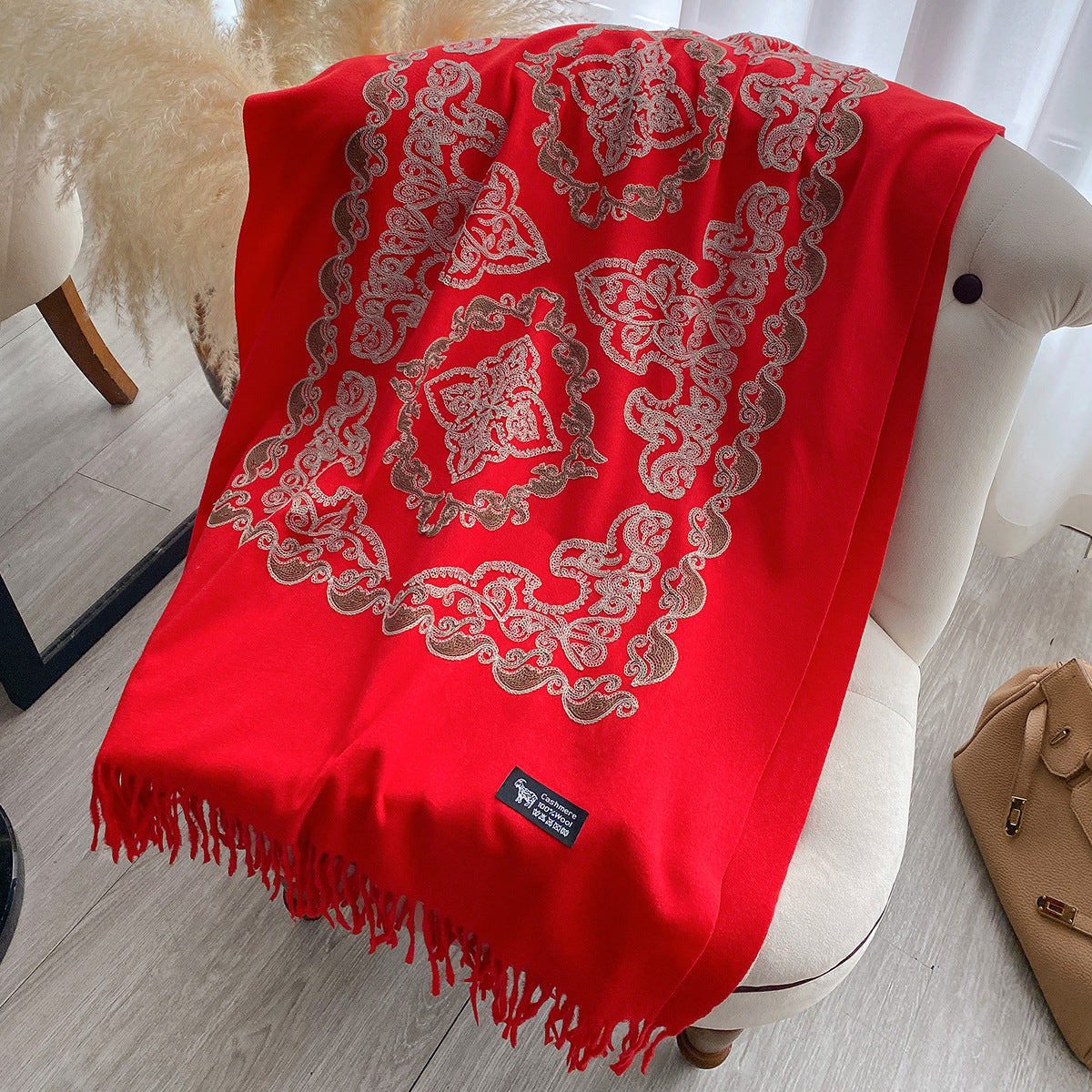 Womens High-End Warm Dual-Use Embroidered Tassel Shawl