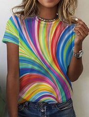 Geometric Retro Printed Round Neck Short Sleeve T-shirt Women's Top