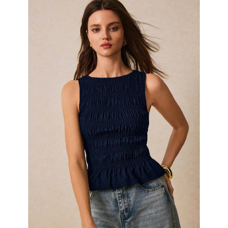Womens Solid-Color Pleated Crew-Neck Casual Tank Top