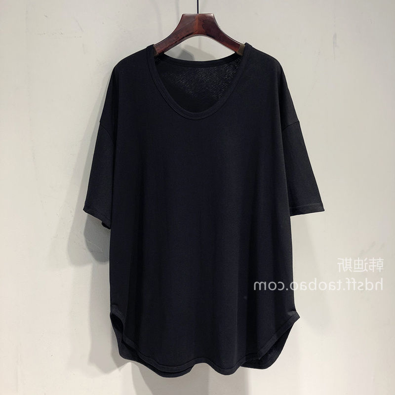 Loose Solid-Color V-Neck Mid-Length Short-Sleeve Top For Women