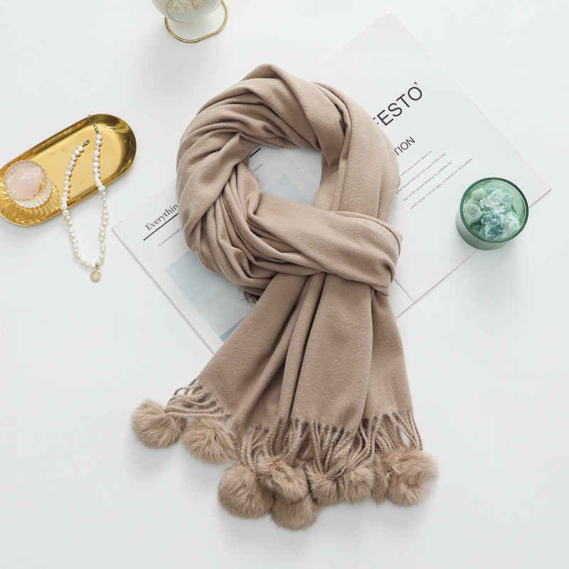 Versatile New-Style Womens Cape With Pompoms Cashmere And Wool Scarf
