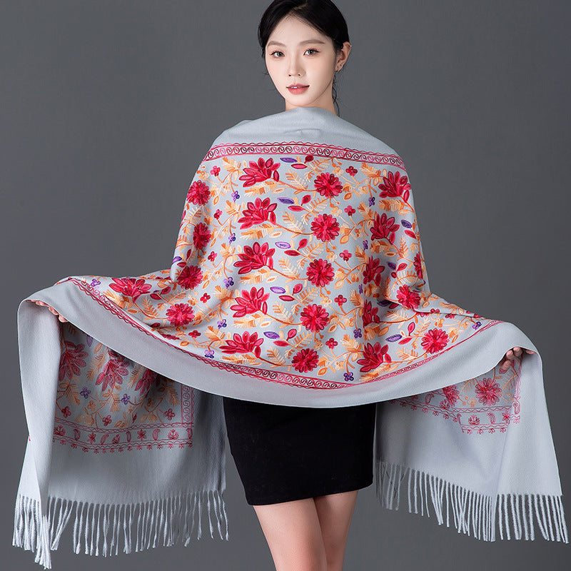 Rich Red Embroidered Winter Scarf For WomenSpringtime Blossoms All Around