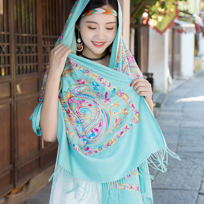 Embroidered Ethnic-Style Great Wall Cashew-Pattern Embroidery Cashmere Scarf