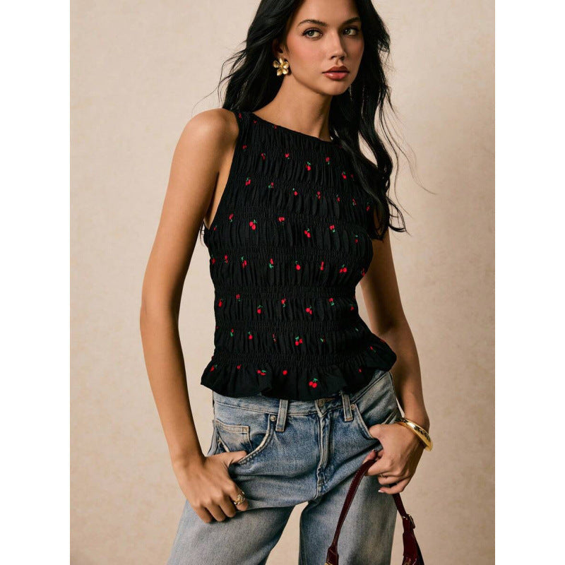 Womens Solid-Color Pleated Crew-Neck Casual Tank Top