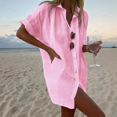 Women's Casual Loose-Fit Fashionable Cotton-Linen Solid-Color Short-Sleeve Top