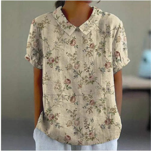 Women's Printed Lapel Short-Sleeve Top