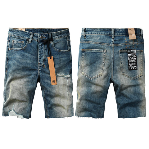 Purple Jeans Men Streetwear Denim Shorts Blue Washed with Ripped Detail Raw Hem and Graphic Patch 2002