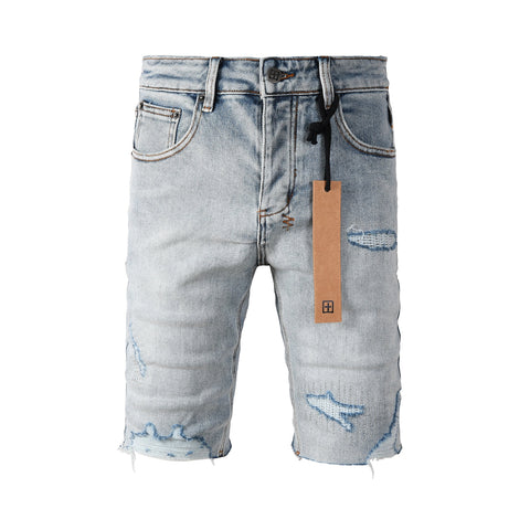 Purple Jeans Men's Vintage Light Wash Ripped Denim Shorts with Raw Cut Hem and Distressed Details 2003