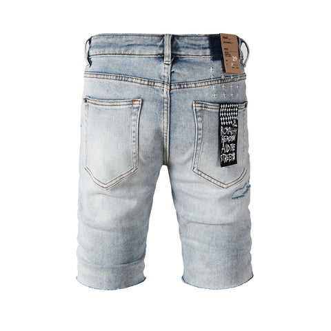 Purple Jeans Men's Vintage Light Wash Ripped Denim Shorts with Raw Cut Hem and Distressed Details 2003