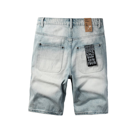 Purple Jeans Men Streetwear Denim Shorts Light Washed Blue with Graphic Patch and Relaxed Fit 2005