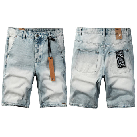 Purple Jeans Men Streetwear Denim Shorts Light Washed Blue with Graphic Patch and Relaxed Fit 2005