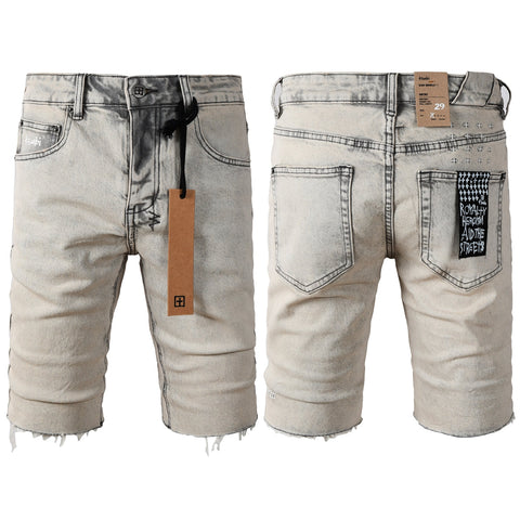 Purple Jeans Men's Washed Beige Denim Shorts with Frayed Hem, Graphic Back Patch, and Urban Streetwear Detailing 2008