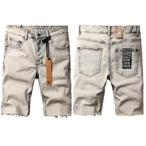Purple Jeans Men's Washed Beige Denim Shorts with Frayed Hem, Graphic Back Patch, and Urban Streetwear Detailing 2008