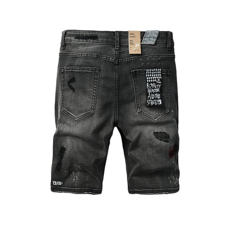 Purple jeans Men's Washed Black Distressed Denim Shorts with Graffiti Patchwork and Urban Street Style Detailing 2009