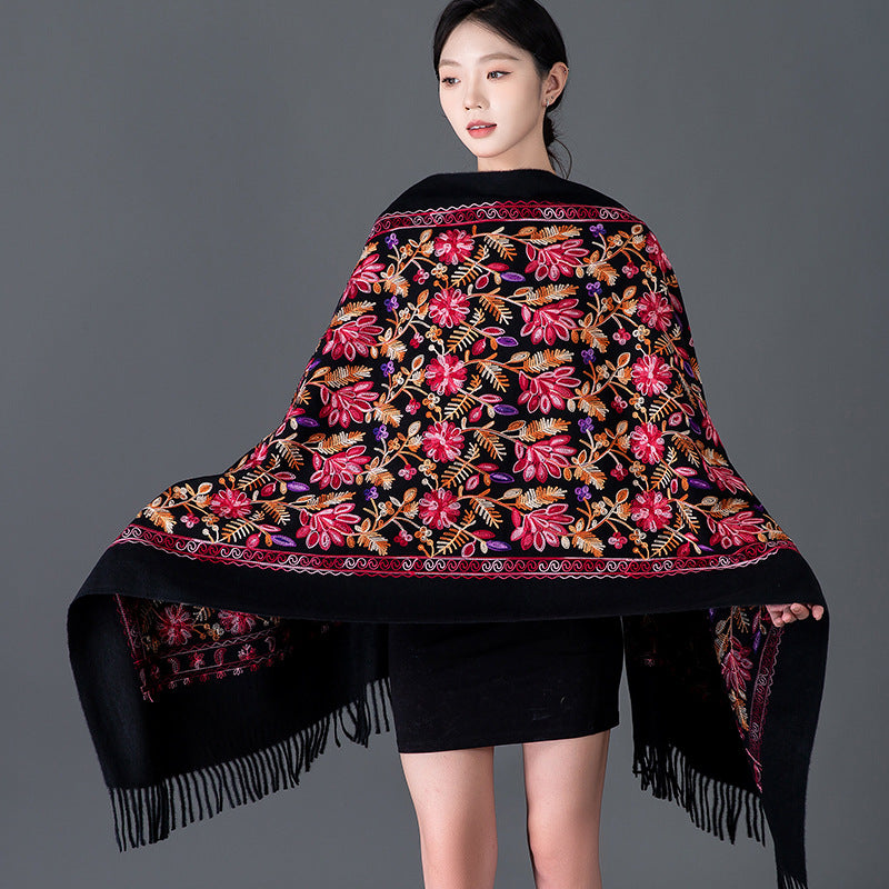 Rich Red Embroidered Winter Scarf For WomenSpringtime Blossoms All Around