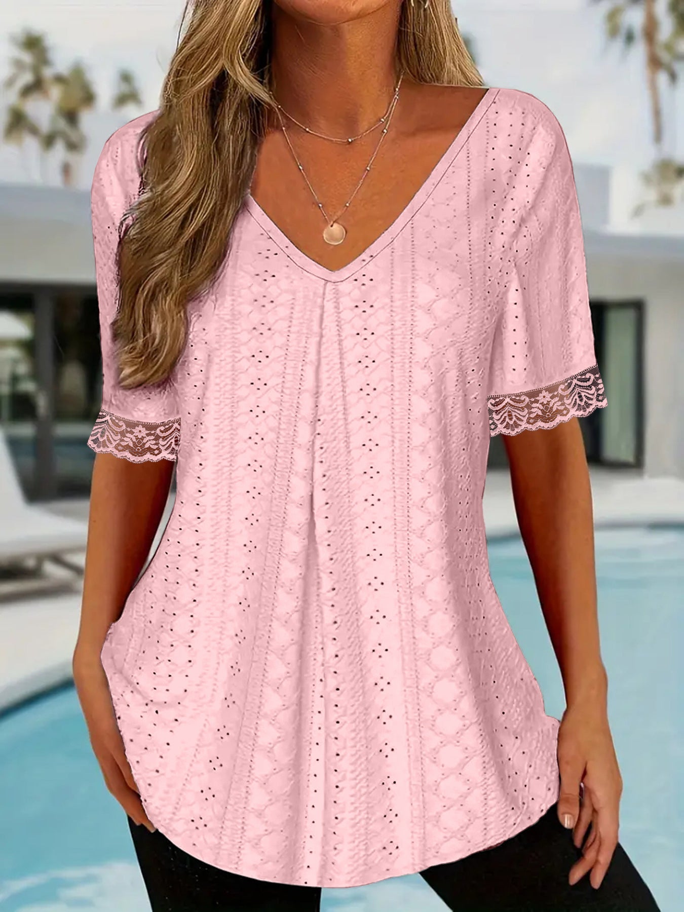 Womens Solid-Color V-Neck Loose Short-Sleeve Pleated T-Shirt Top