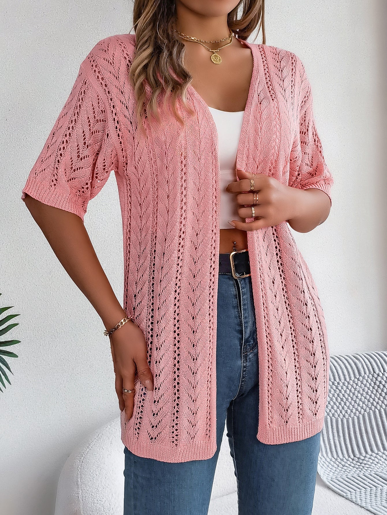 Women S Solid Color Hollow Out Short Sleeve Knit Cardigan Cover-Up