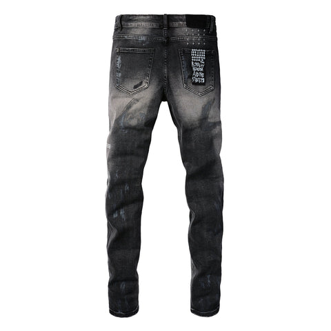 Purple Jeans Street Style Black Ripped Jeans with Frayed Knee Accents 3027