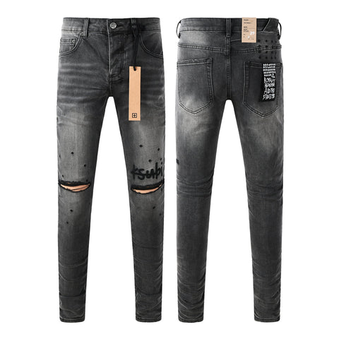 Purple Jeans Men Streetwear Jeans Washed Black with Ripped Knees Paint Splatter and Graphic Patch 3034