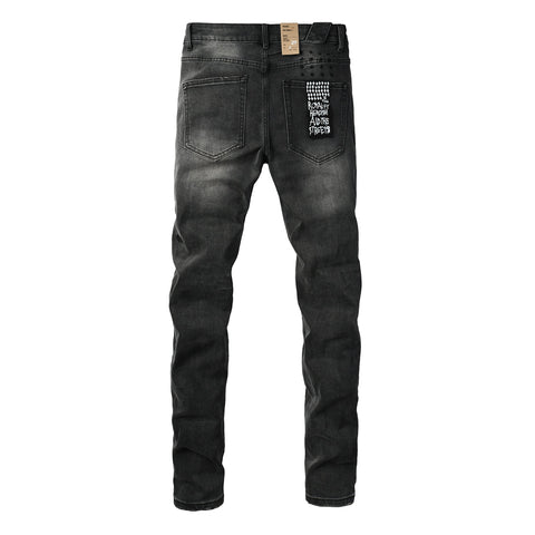 Purple Jeans Men Streetwear Jeans Washed Black with Ripped Knees Paint Splatter and Graphic Patch 3034