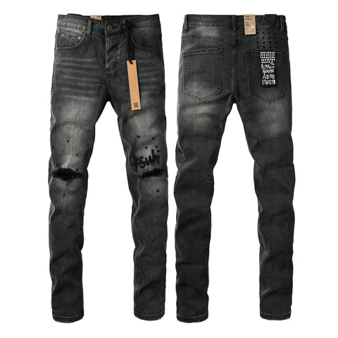 Purple Jeans Men Streetwear Jeans Washed Black with Ripped Knees Paint Splatter and Graphic Patch 3034