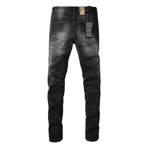 Purple Jeans Edgy Streetwear Men’s Black Ripped Jeans with Graphic Back Print and Natural Fade Effect for Everyday Looks 3035