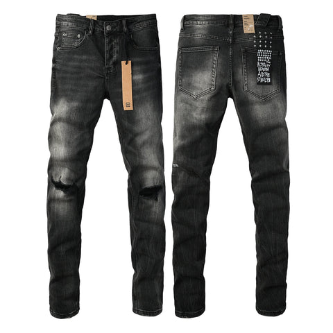 Purple Jeans Edgy Streetwear Men’s Black Ripped Jeans with Graphic Back Print and Natural Fade Effect for Everyday Looks 3035