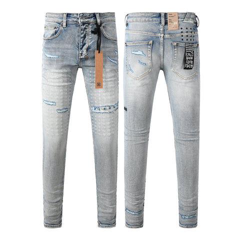 Purple Men's Light Blue Slim Fit Distressed Jeans with Decorative Stitching, Graphic Patchwork, and Urban Street Style 3047