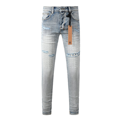 Purple Men's Light Blue Slim Fit Distressed Jeans with Decorative Stitching, Graphic Patchwork, and Urban Street Style 3047