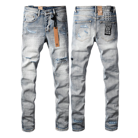 Purple Men's Light Blue Slim Fit Distressed Jeans with Decorative Stitching, Graphic Patchwork, and Urban Street Style 3047