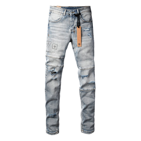 Purple Jeans Edgy Streetwear Men’s Light Blue Ripped Skinny Jeans with Futuristic Symbol Graphic Patches and Heavy Distressing 3048