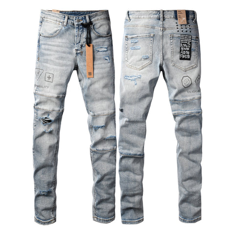 Purple Jeans Edgy Streetwear Men’s Light Blue Ripped Skinny Jeans with Futuristic Symbol Graphic Patches and Heavy Distressing 3048