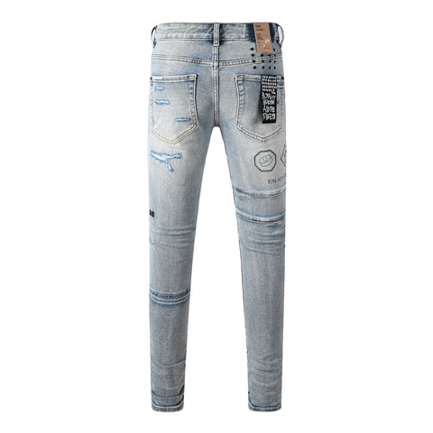 Purple Jeans Edgy Streetwear Men’s Light Blue Ripped Skinny Jeans with Futuristic Symbol Graphic Patches and Heavy Distressing 3048