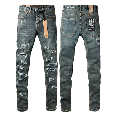 Purple JeansMen’s Dark Blue Heavy Ripped Skinny Jeans with Extreme Distressing and Back Graphic Patch for Street Style 3049
